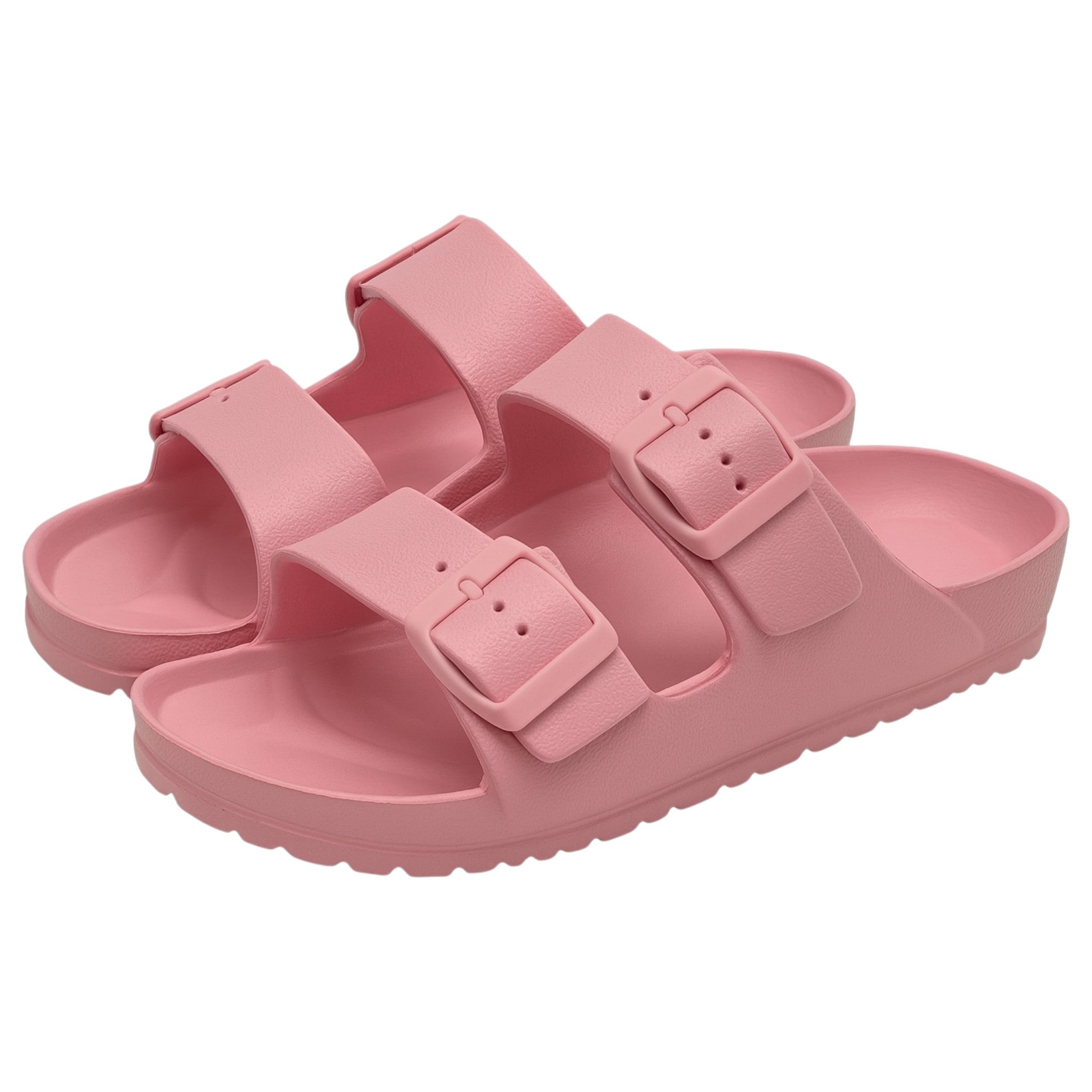 Pink Lightweight slip-on sandals with adjustable double buckle straps perfect for holiday's, beach and swimming pools